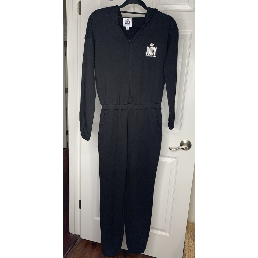Juicy Couture Jumpsuit L/S Zip Front Sz XS Liquorice Black Hooded Cotton New!